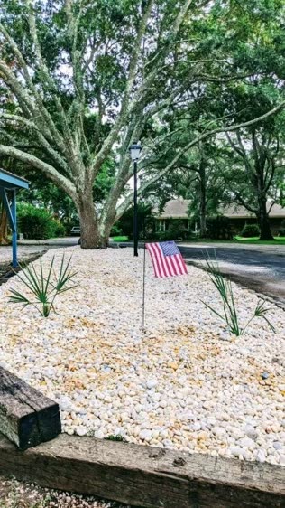 Palmetto rock bed with a lamp post and flag