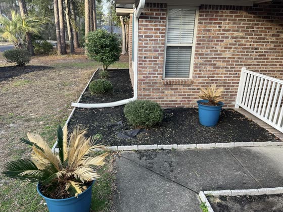Rock bed with a black mulch strip at the walk