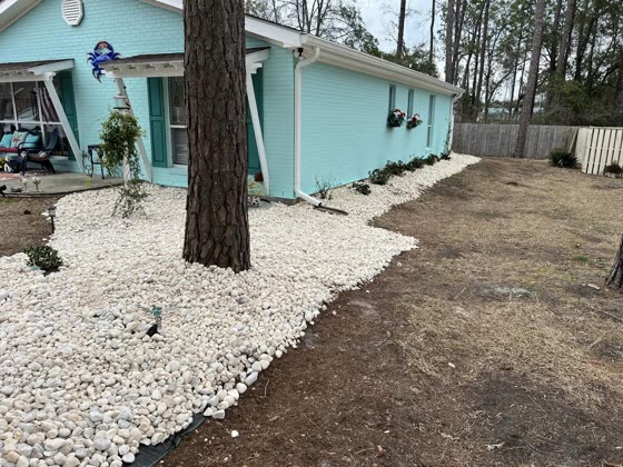 White rock bed along a teal home and pine