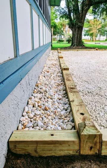 Timber-edged gravel strip along a home
